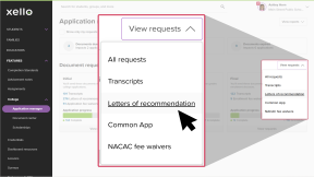 Educator account in Xello, on the Application manager page. The "View requests" dropdown is highlighted and the cursor is clicking Letters of recommendation.